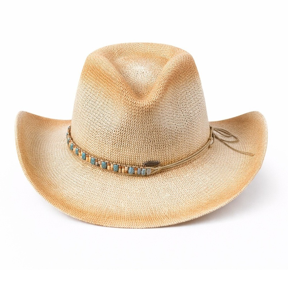 C.C Straw Cowboy Hat Beige Western Fedora Beaded Band‎ Adjustable Unisex